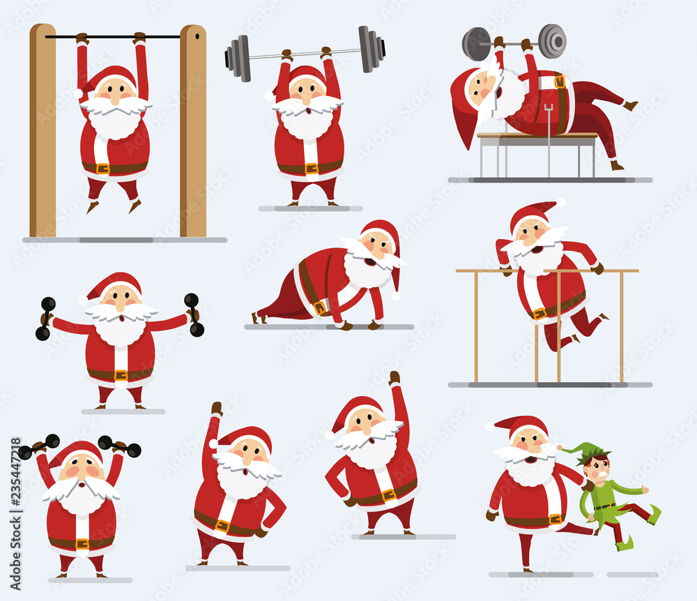 Collection of Santa Clauses. Santa Claus with a barbell. Santa claus squeezes from the floor. Set of Santa Claus doing sports. Flat style. Vector illustration Eps10 file
