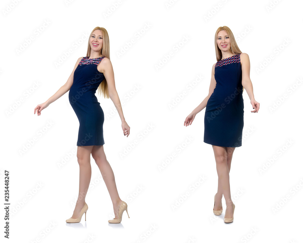 Beautiful pregnant woman in blue dress isolated on white Beautiful pregnant woman in blue dress isolated on white