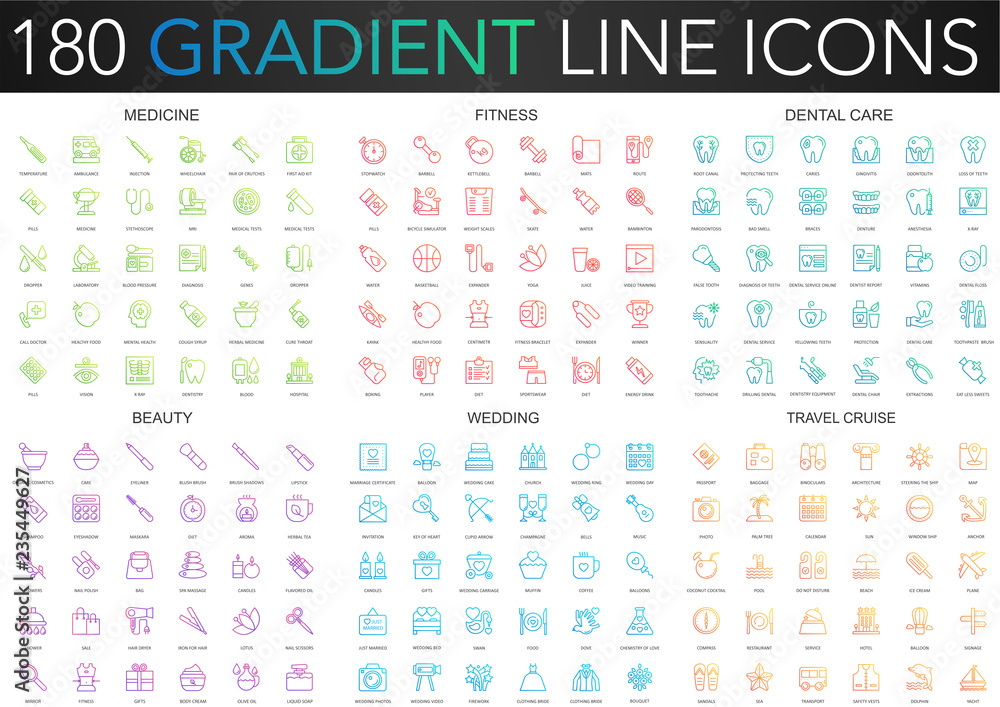 180 trendy gradient vector thin line icons set of medicine, fitness, dental care, beauty, wedding, travel cruise.
