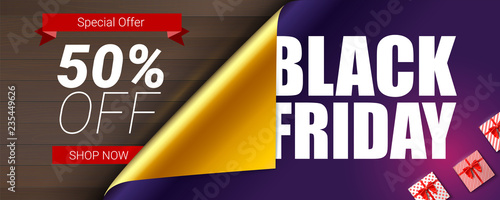 Black Friday Sale. Special offer 50 percent off. Curved corner of open gift wrap paper, concept of holidays business ad. Gift boxes, red ribbon and bow. Template for shopping actions on Black Friday.