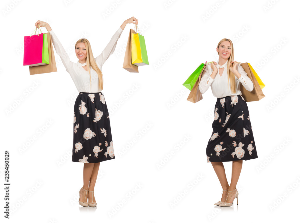 Woman with shopping bags isolated on white Woman with shopping bags isolated on white