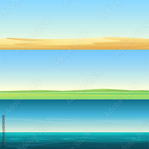 Beautiful minimalistic horizontal banners landscapes of sand desert, meadow rural field and sea ocean background set vector illustration.