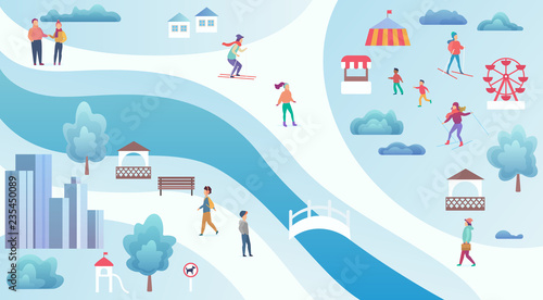 Winter city park top view map background with people doing various activities vector illustration.