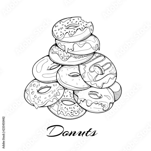 Hand drawn pile of tasty donuts. Graphic vector illustration