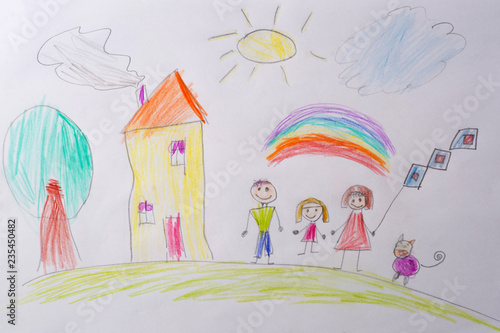 Children's drawing My Happy Family . The concept of child psychology. Psychological testing of the child using the picture.