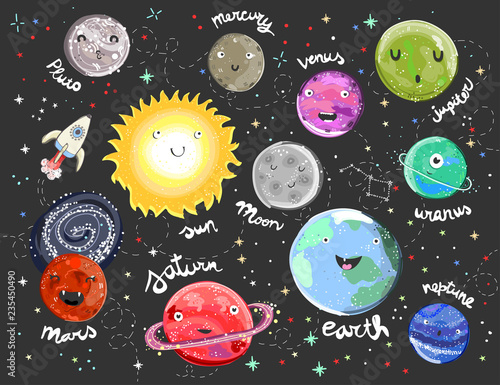 Hand drawn solar system with funny faces. Colorful vector illustration