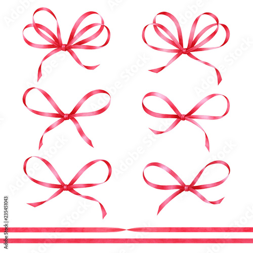 Red watercolor bows and ribbons. Decorative design elements isolaed on white background