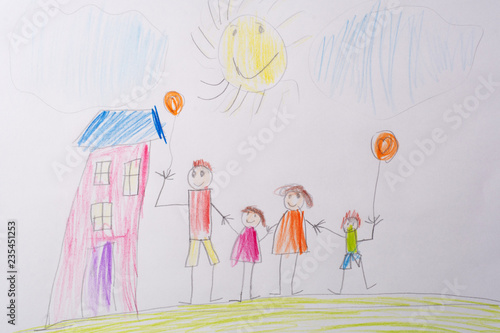 Children's drawing My Happy Family . The concept of child psychology.