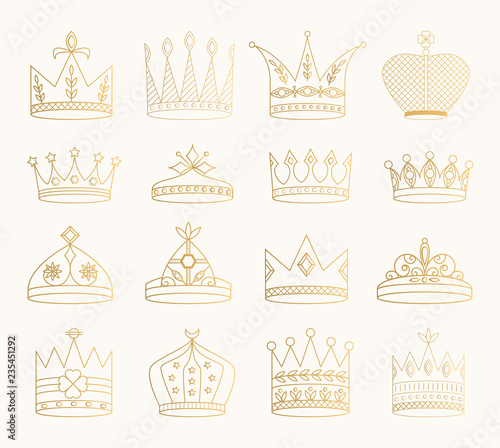 Set of golden crowns, tiaras, diadems. Vector glitter illustration. Gold isolated outline icons.