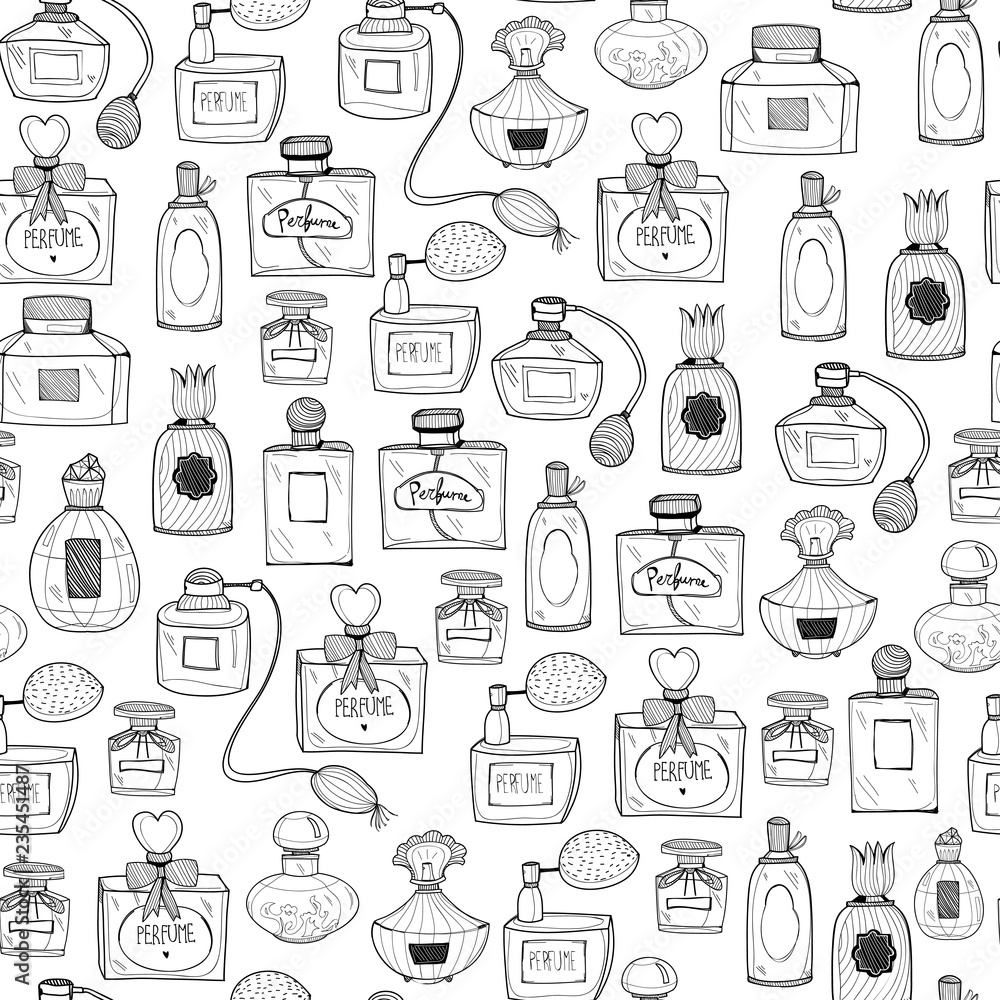 Hand drawn perfume bottles. Graphic vector seamless pattern