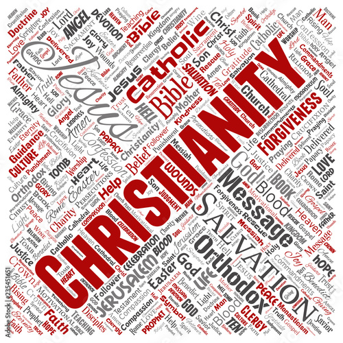 Vector conceptual christianity, jesus, bible, testament square red  word cloud isolated background. Collage of teachings, salvation resurrection, heaven, confession, forgiveness, love concept