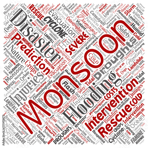 Vector conceptual monsoon dangerous weather square red meteorology word cloud isolated background. Collage of tropical dramatic storm force, strong wind blowing, rain hail thunderstorm concept design