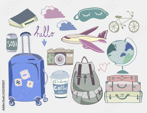 Hand drawn travel stuff. Colored graphic vector set. All elements are isolated