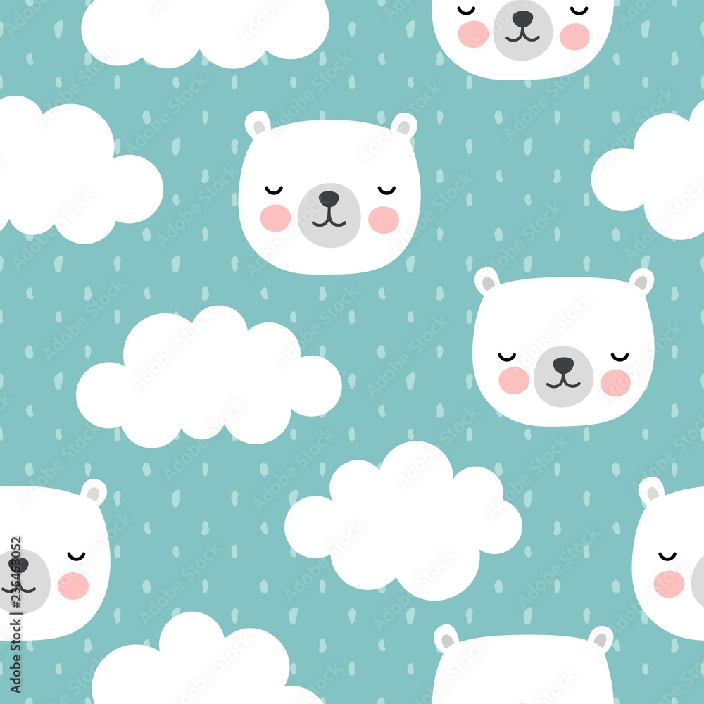 Obraz premium Cute Polar Bear with Clouds Seamless Pattern, Cartoon Background, Vector Illustration