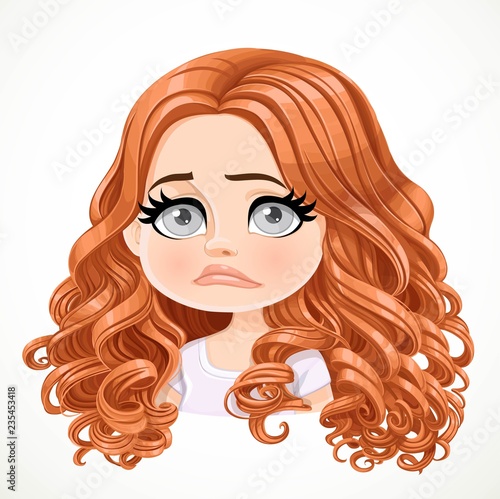 Beautiful upset sad cartoon brunette girl with brown hair portrait isolated on white background