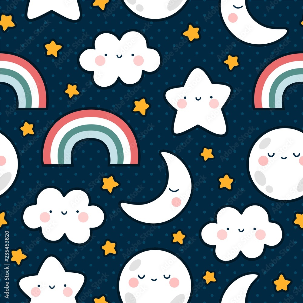 Moons Clouds Rainbows and Stars Cute Seamless Pattern, Cartoon Vector Illustration, Nursery Background for Kid