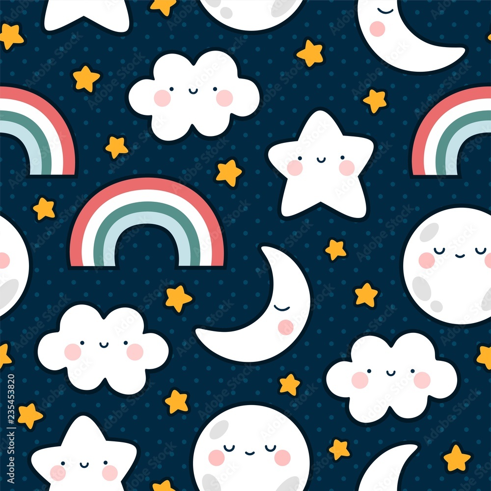 Naklejka premium Moons Clouds Rainbows and Stars Cute Seamless Pattern, Cartoon Vector Illustration, Nursery Background for Kid