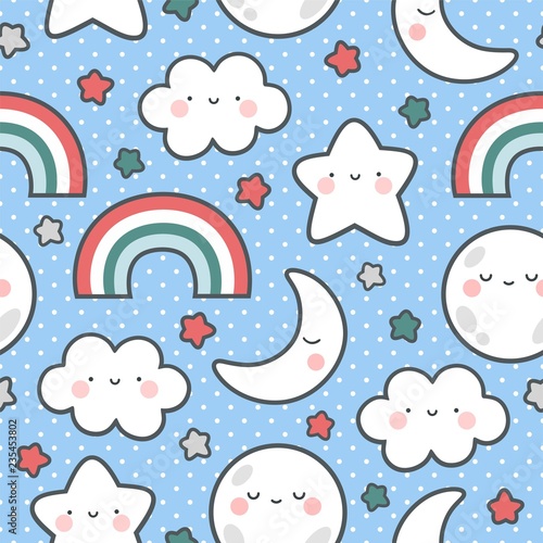 Moons Clouds Rainbows and Stars Cute Seamless Pattern, Cartoon Vector Illustration, Nursery Background for Kid