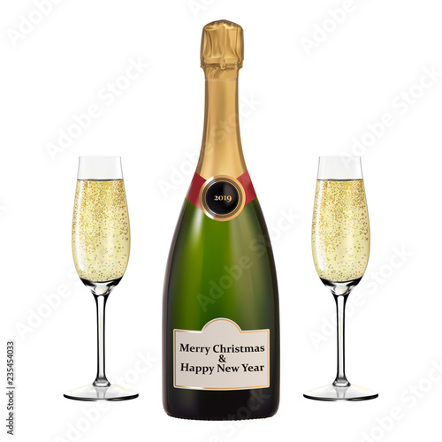 Christmass Bottle of Champagne and two glasses. Merry Christmas and Happy New Year 2019. Christmass champagne for Your business project. Christmass Vector Illustration