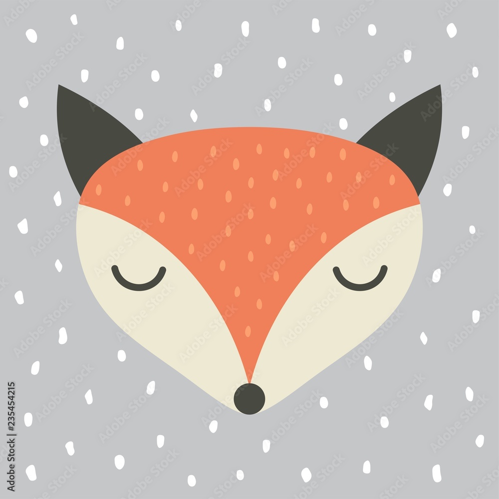 cute fox cartoon illustration, cartoon animal portrait with sleepy fox face