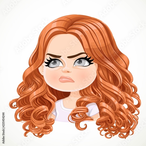 Beautiful offended cartoon brunette girl with brown hair portrait isolated on white background