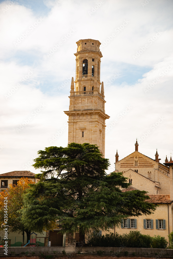 Bell tower of the Cathedral of Verona, in Italy, along the river Adige. Sixteenth-century bell tower is the work of architect Sammicheli.