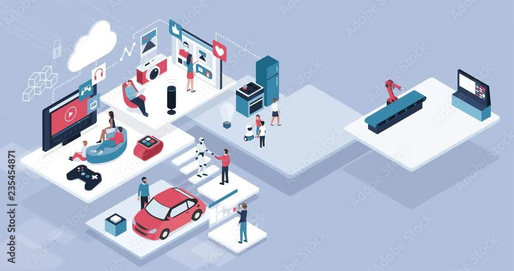 Blockchain, internet of things and lifestyle: people using connected devices and touch screen interfaces, robots and smart industry