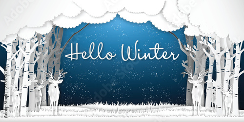 Paper art , cut and digital craft style of Reindeers or deers in forest in the snow wintry season with trees as Merry Christmas and Hello Winter concept. vector illustration