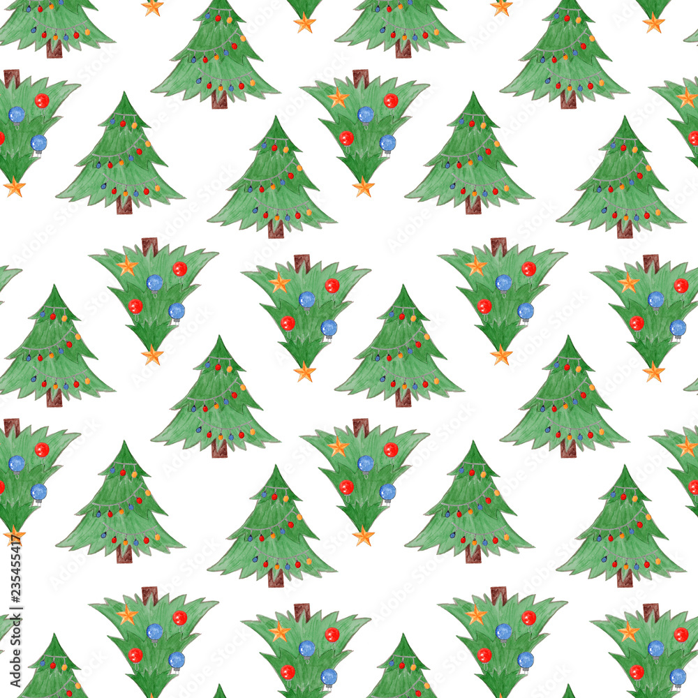 Cute watercolor seamless pattern with green Christmas fir trees with balls and baubles. Cute New Year texture for textile, wrapping paper, surface, wallpaper, background design