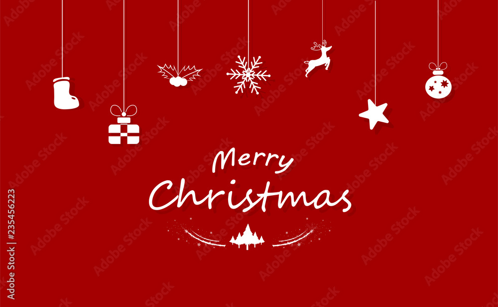 Merry Christmas, red decoration, white concept Santa Claus, reindeer, gift, ball, stars, and holly tree celebration party minimal hanging in winter holiday season background vector Merry Christmas, red decoration, white concept Santa Claus, reindeer, gift, ball, stars, and holly tree celebration party minimal hanging in winter holiday season background vector