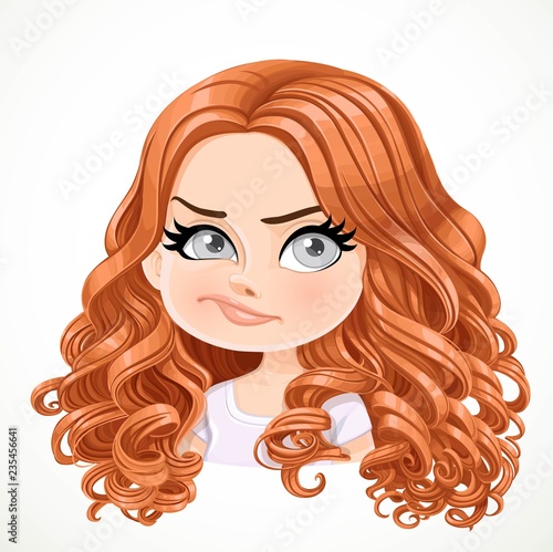 Beautiful doubt smiling cartoon brunette girl with brown hair portrait isolated on white background