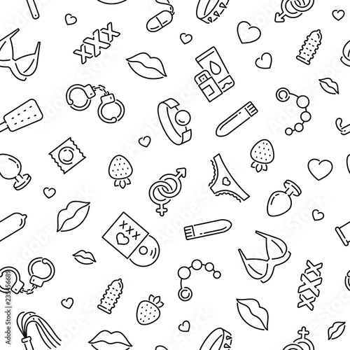 Seamless pattern with sex shop. Black and white thin line icons