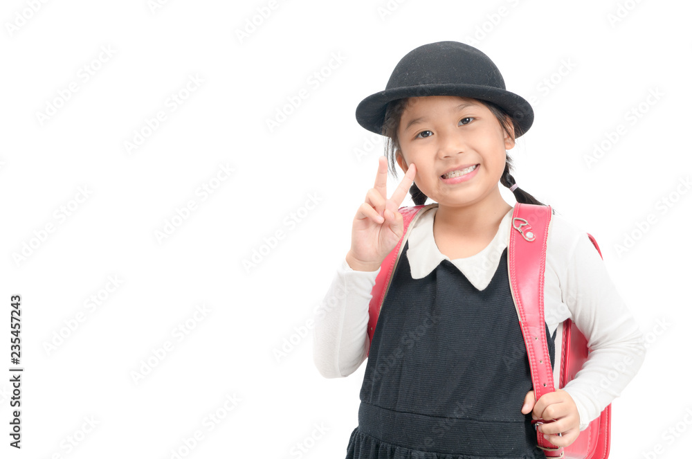 Cute Japanese student with school bag isolated Cute Japanese student with school bag isolated