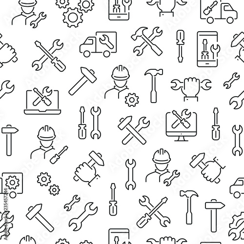 Seamless pattern with repair. Black and white thin line icons