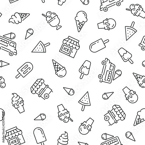 Seamless pattern with Ice cream. Black and white thin line icons