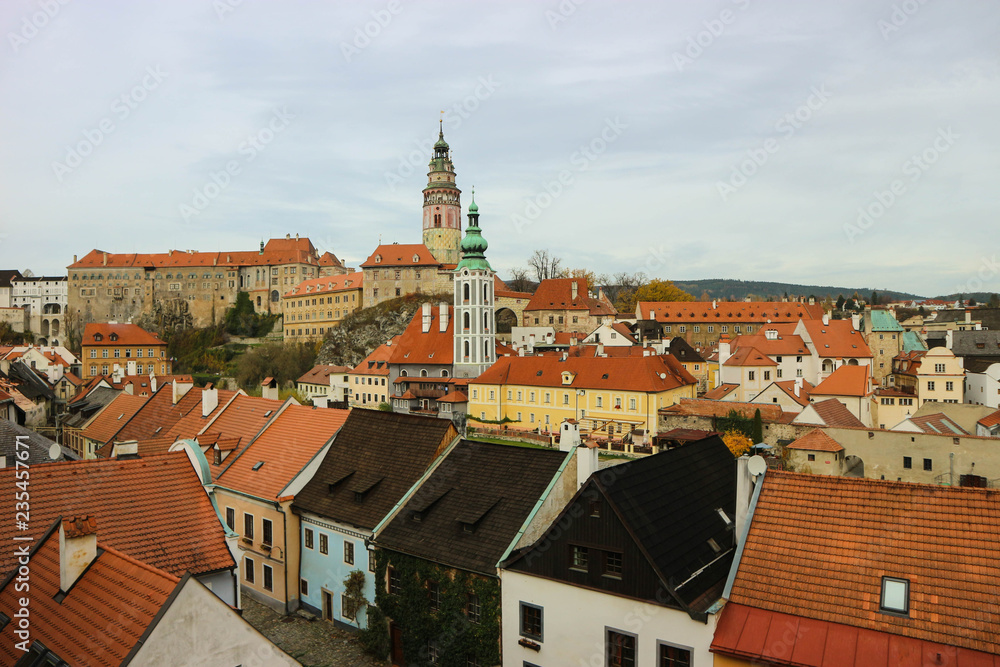 Autumn panoramic view of old town and castle of Cesky Krumlov