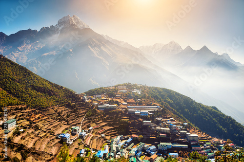View of Namche Bazaar village on the way to Everest Base Camp in Himalayas, Nepal.