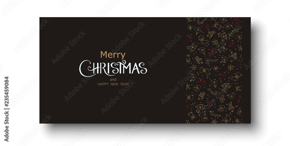Merry Christmas and Happy New Year greeting card with festive decoration.