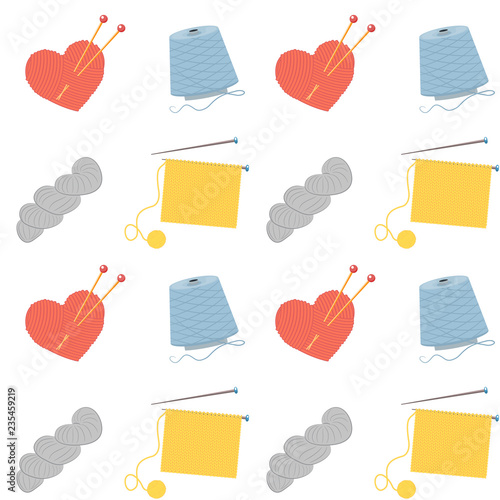 Seamless pattern with ,yarn balls, needles. Pattern included in swatch panel. Vector illustration. White background.