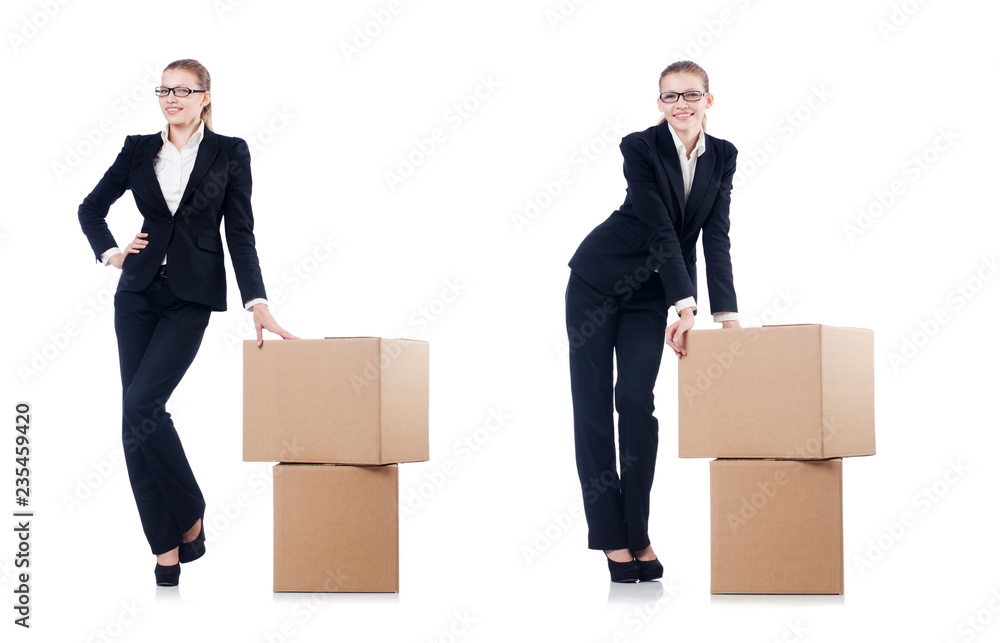 Woman businesswoman with boxes on white Woman businesswoman with boxes on white