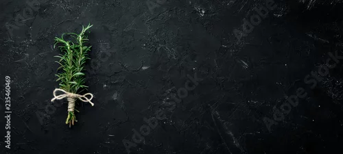 Panel kuchenny z motywem Fresh green rosemary. On a black stone background. Top view. Free copy space.