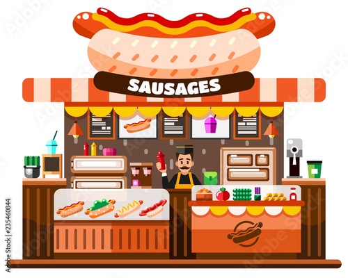 Fast food cafe interior with chef standing behind of desks counter with hot dogs making equipment, menu and goodies. Flat Illustration