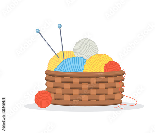 Basket with multi-colored balls of yarn and knitting needles. Vector illustration.Cartoon style