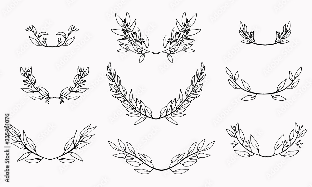 set of hand-drawn eucalyptus twigs, wreaths for design set of hand-drawn eucalyptus twigs, wreaths for design