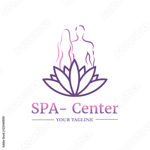 Vector logo template for SPA salon, cosmetology room, massage, boutique hotel, wellness centre. Illustration of lotus in purple color and silhouettes of man and woman. EPS10.