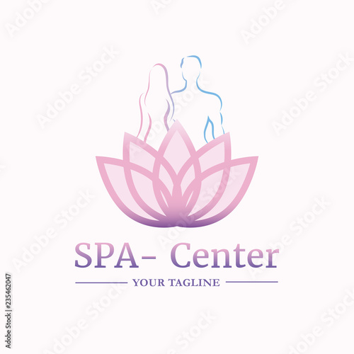 Vector logo template for SPA salon, cosmetology room, massage, boutique hotel, wellness centre. Illustration of lotus with silhouettes of man and woman. EPS10.