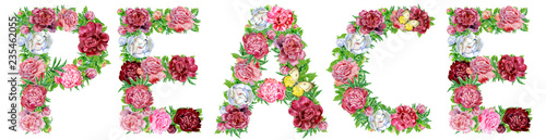 Word PEACE of watercolor flowers for decoration