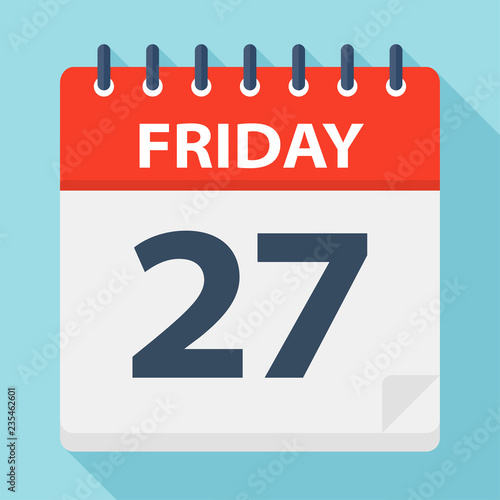 Friday 27 - Calendar Icon. Vector illustration of week day paper leaf.