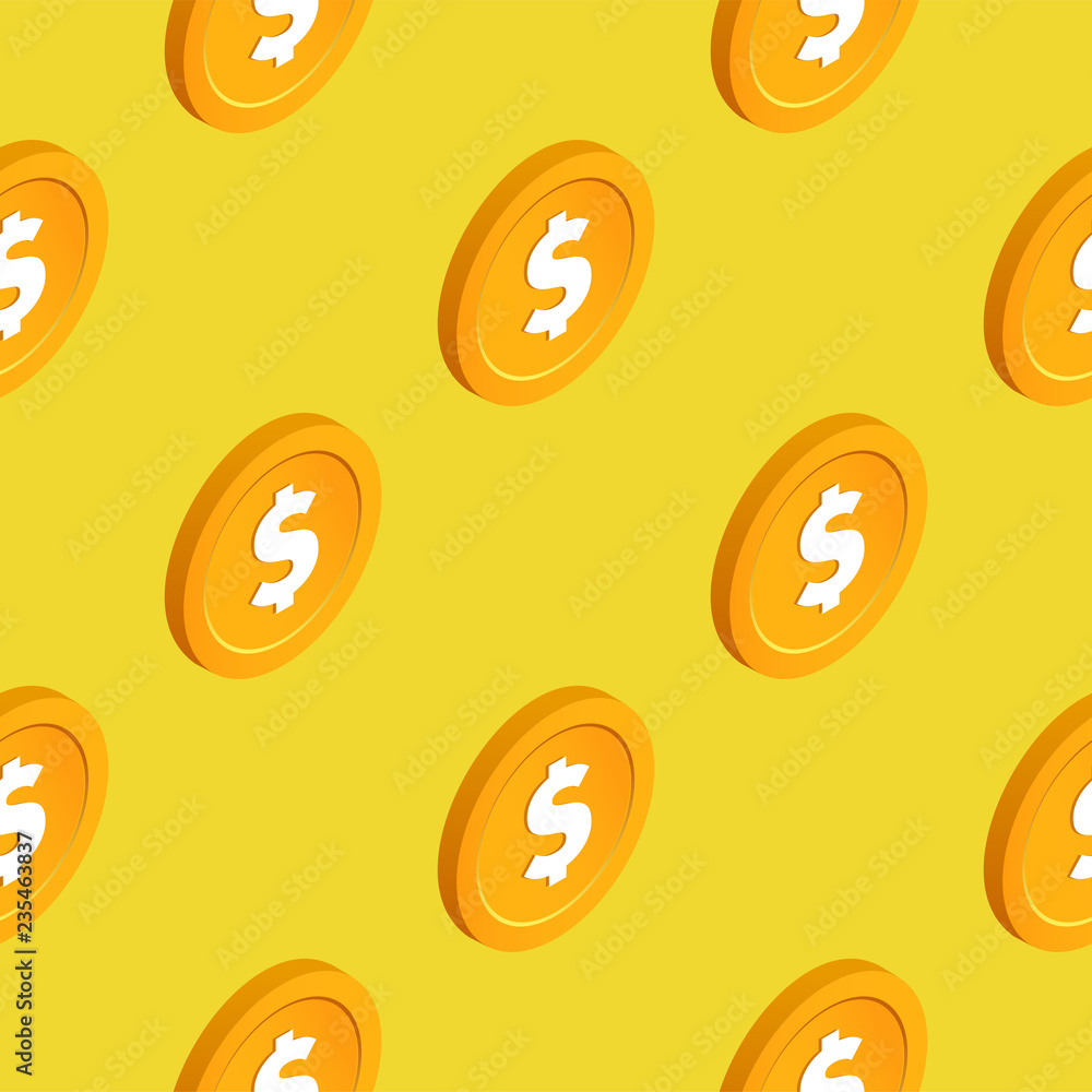 Falling gold cent bucks coins vector seamless pattern. Isometric golden usd money chips on yellow background