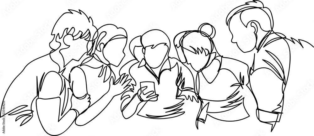 a group of people looking at the phone. one line. outline vector